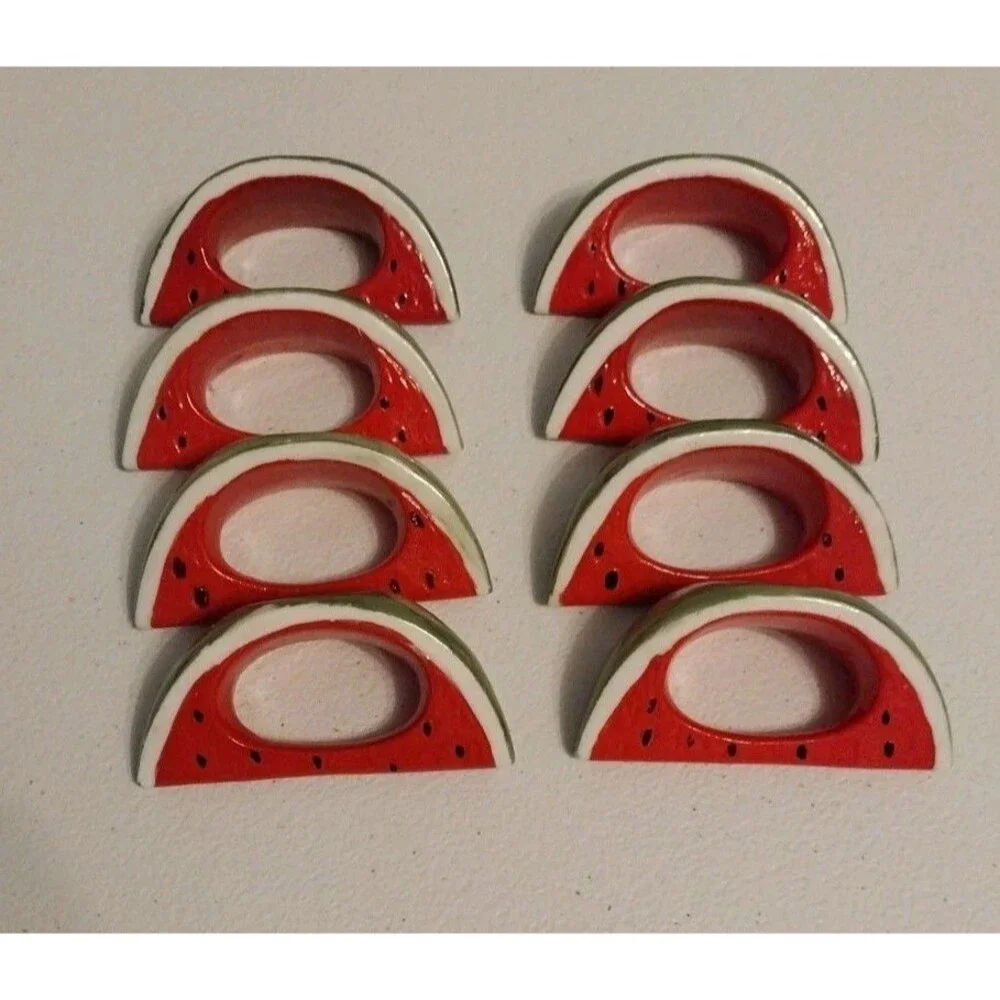 Vintage Ceramic Watermelon Napkin Rings Set of 8 Hand Painted Summer Picnic
